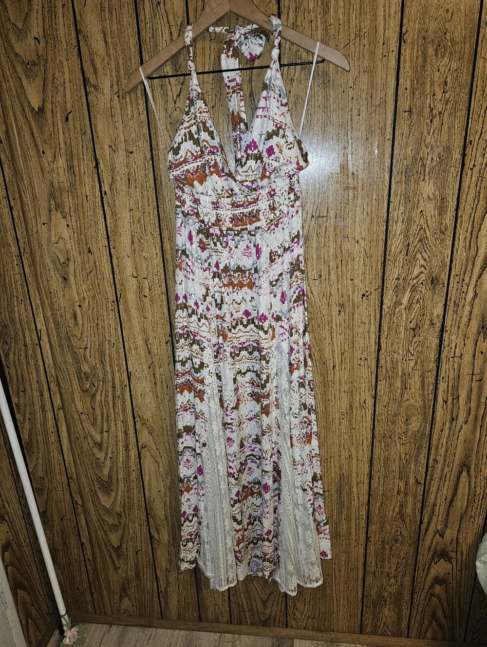 SHYANNE Southwestern Halter Lace Detail  Flowy Maxi Dress - Small - Picture 3 of 8